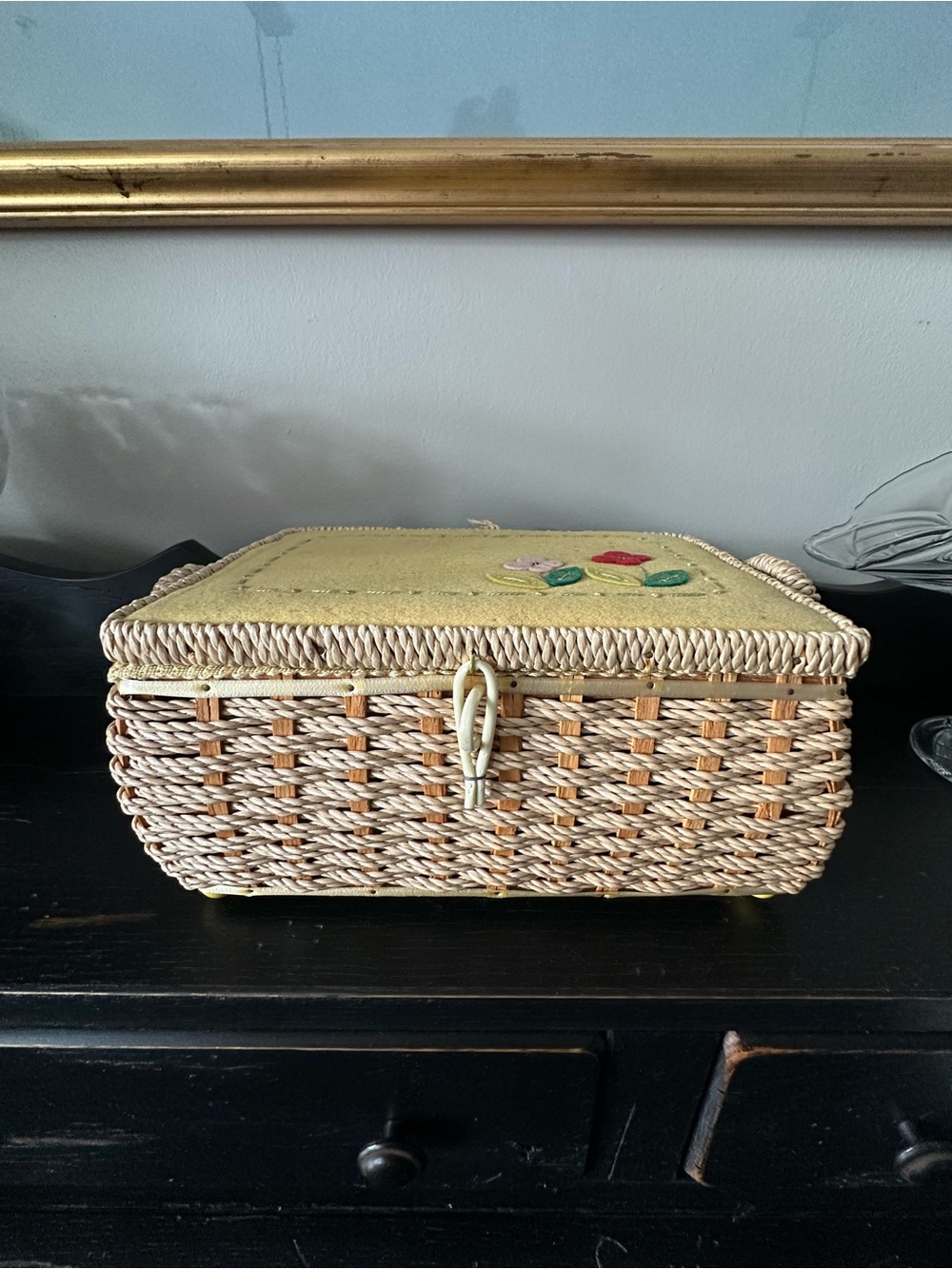 Handwoven Seagrass Storage Basket with Pale Yellow Embroidered Lid